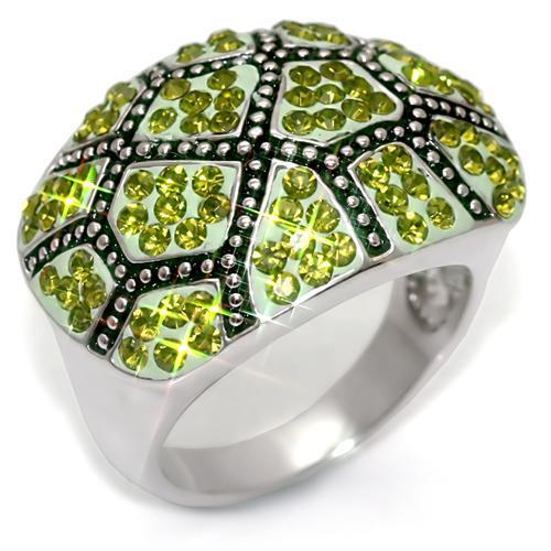 LO1519 Rhodium Brass Ring featuring a top-grade olivine crystal, showcasing its elegant design and vibrant color.