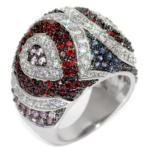 LO1520 Rhodium and Ruthenium Brass Ring featuring a vibrant multi-color AAA Grade CZ center stone, elegantly designed for any occasion.