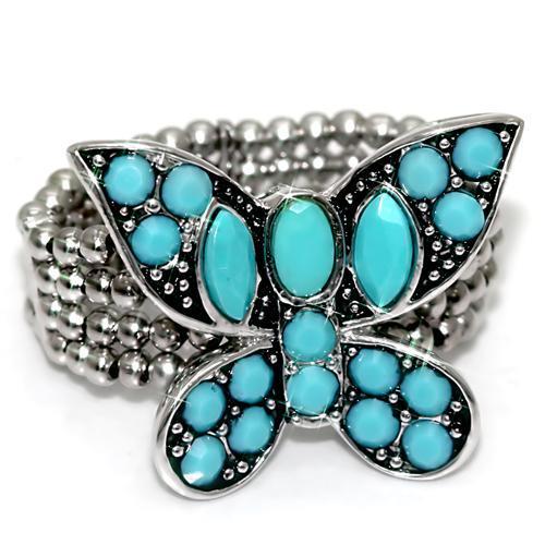 LO1523 Rhodium Brass Ring featuring a vibrant synthetic turquoise stone in sea blue, elegantly designed for everyday wear.