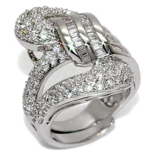 LO1537 Rhodium Brass Ring featuring a clear AAA Grade CZ stone, showcasing its elegant design and luxurious finish.