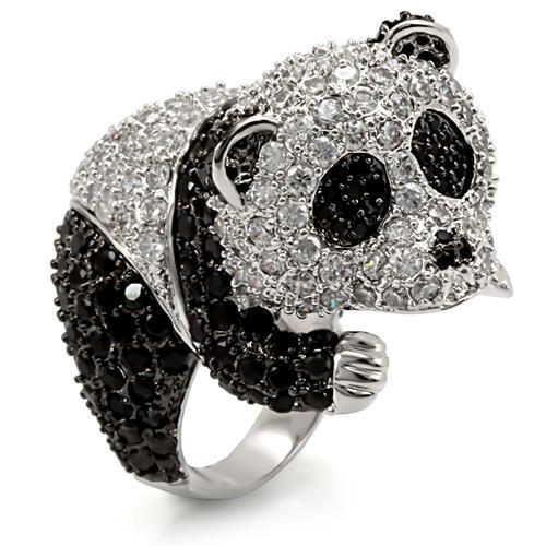 LO1546 Rhodium and Ruthenium Brass Ring featuring a black AAA Grade CZ stone, showcasing its elegant design and luxurious finish.