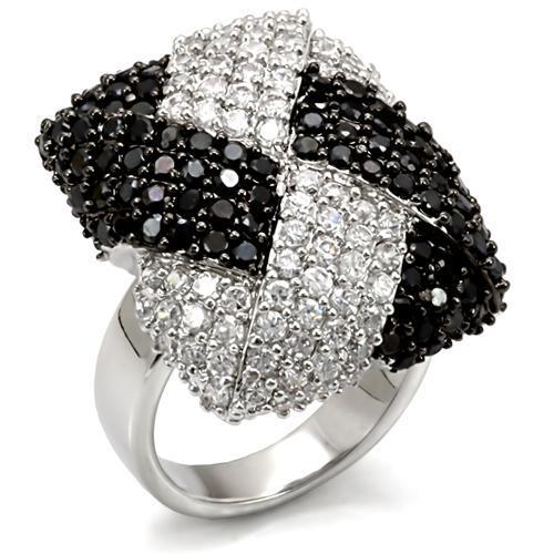 LO1587 Rhodium and Ruthenium Brass Ring featuring a black AAA Grade CZ stone, showcasing elegance and sophistication.