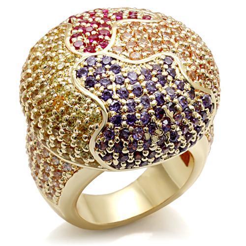 LO1598 Imitation Gold Brass Ring featuring AAA Grade CZ stones in a multi-color arrangement, showcasing elegance and craftsmanship.