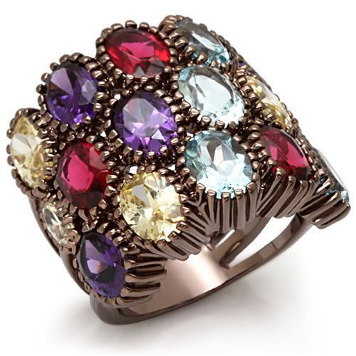 LO1647 Chocolate Gold Brass Ring featuring a vibrant multi-color synthetic glass centerpiece, elegantly designed for modern style.