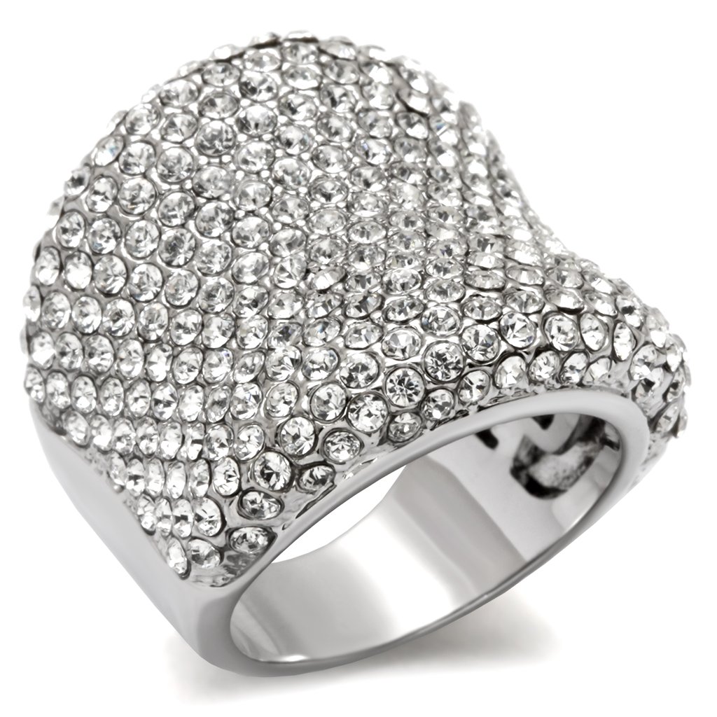 LO1765 Rhodium Brass Ring featuring a clear top grade crystal, showcasing its elegant design and luxurious finish.