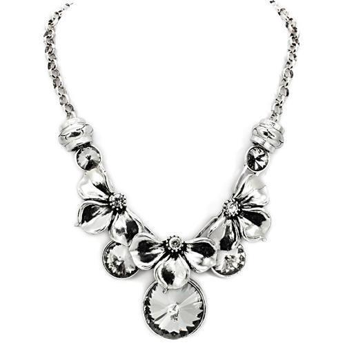 Antique silver white metal necklace featuring a jet-colored top grade crystal centerpiece, showcasing elegant craftsmanship.