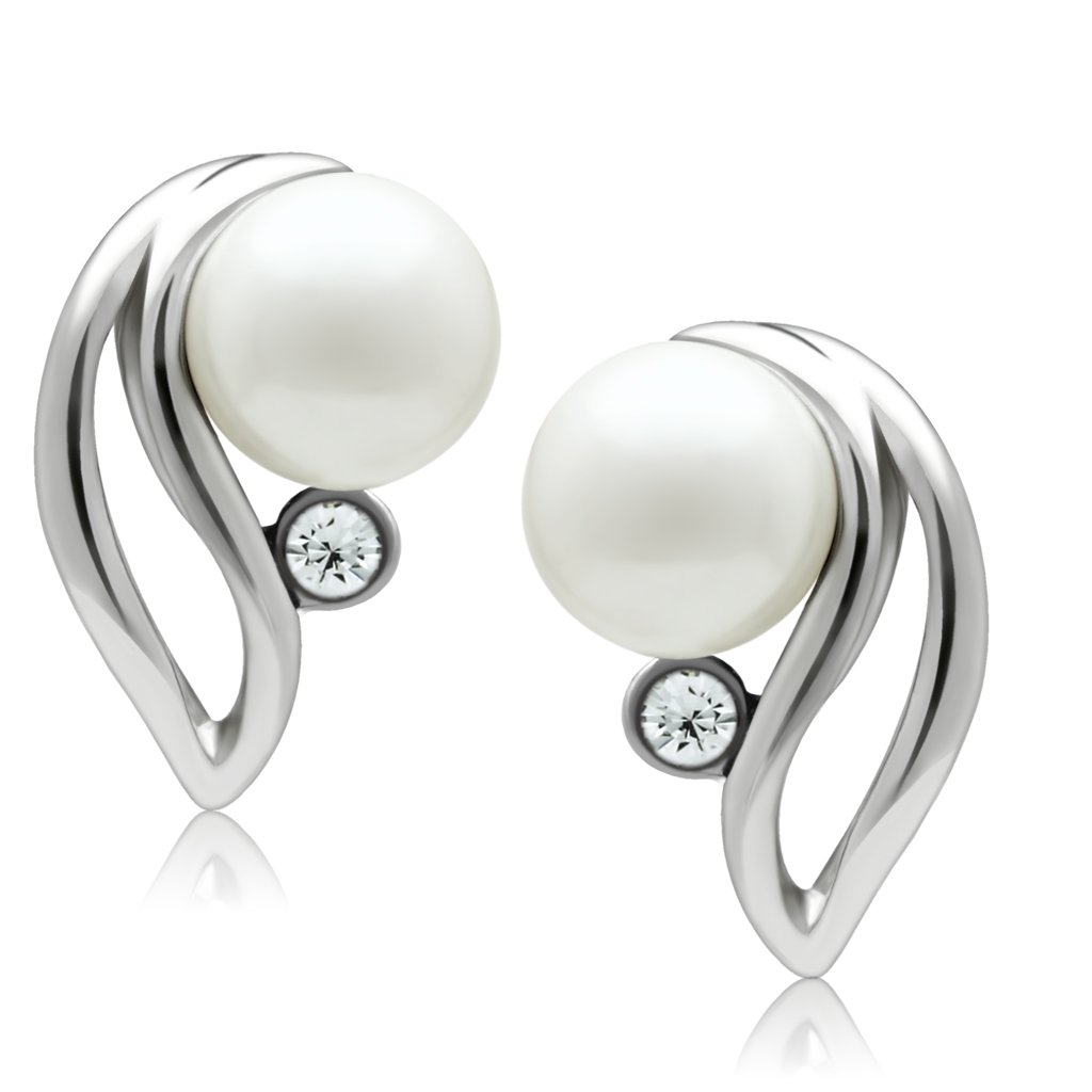 LO1977 Rhodium White Metal Earrings featuring a synthetic white pearl centerpiece, elegantly designed for any occasion.