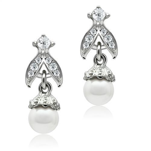 LO1988 Rhodium White Metal Earrings featuring synthetic white pearls, elegantly designed for a sophisticated look.