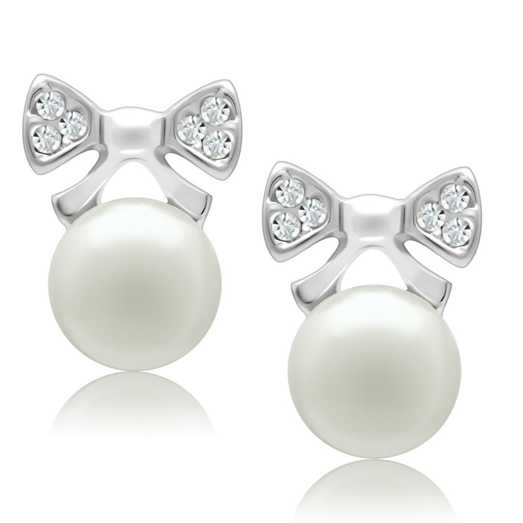 LO1980 Rhodium White Metal Earrings featuring a synthetic white pearl centerpiece, elegantly designed for any occasion.