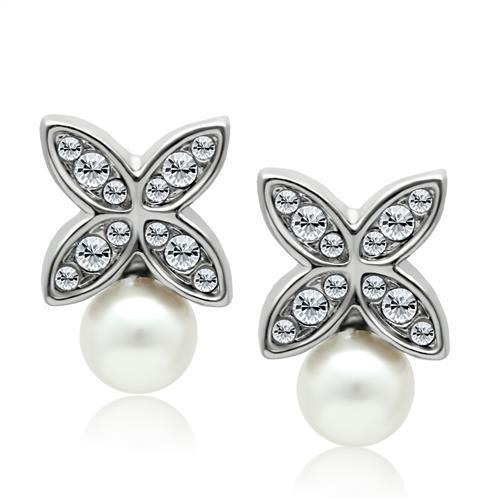 Elegant rhodium white metal earrings featuring a white synthetic pearl centerpiece, showcasing a stylish and sophisticated design.