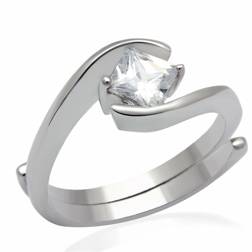 LO2067 Rhodium Brass Ring featuring a clear AAA Grade CZ center stone, showcasing its elegant design and shiny finish.