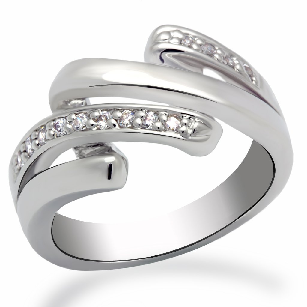 LO2068 Rhodium Brass Ring featuring a clear AAA Grade CZ stone, showcasing its elegant design and shiny finish.