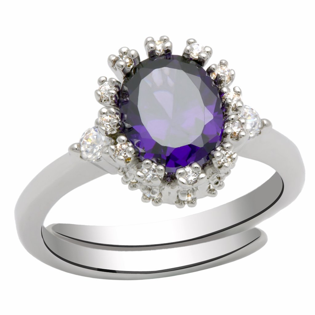 LO2073 Rhodium Brass Ring featuring AAA Grade CZ in Amethyst, showcasing its elegant design and vibrant color.