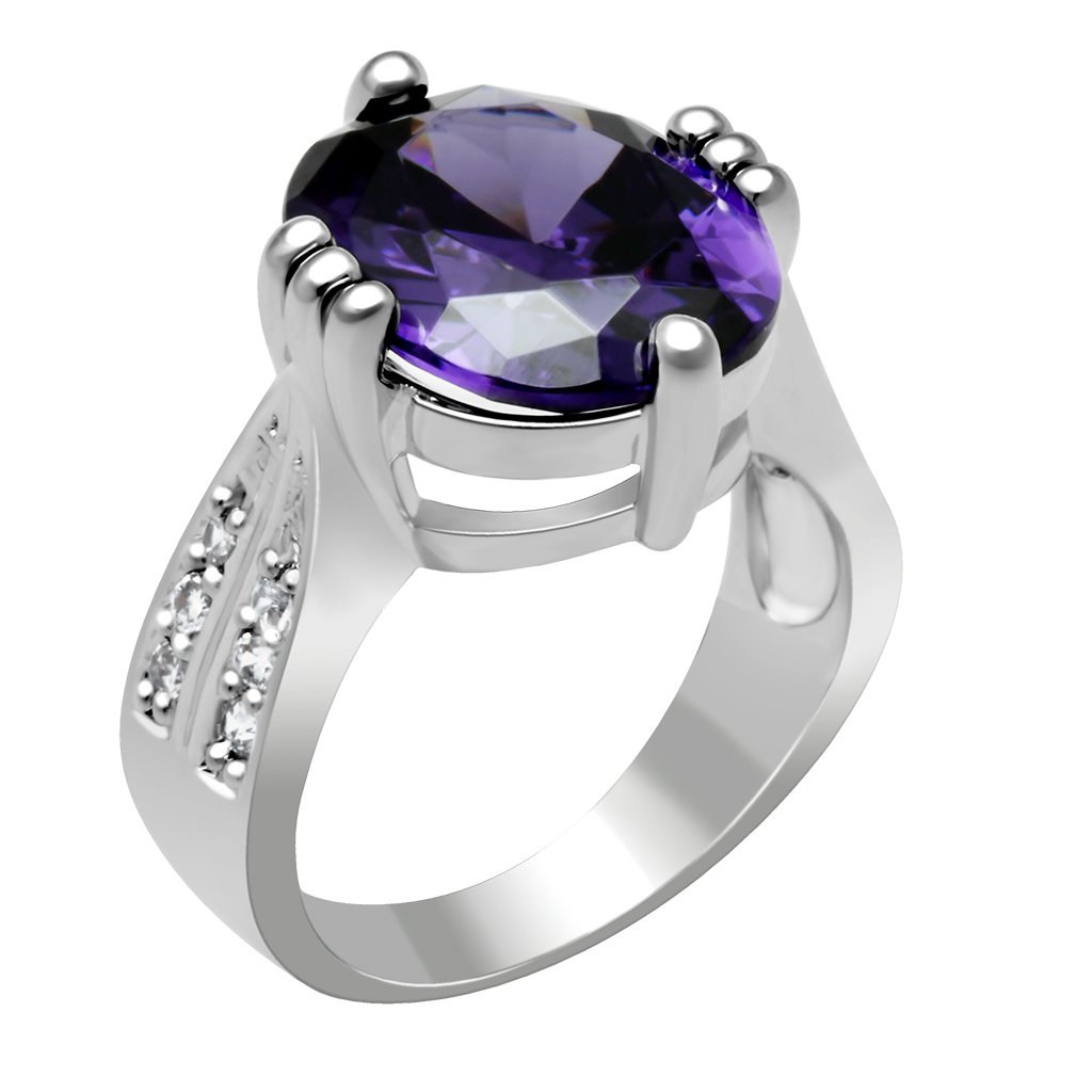 LO2088 Rhodium Brass Ring featuring a vibrant fuchsia AAA Grade CZ stone, showcasing elegance and quality craftsmanship.