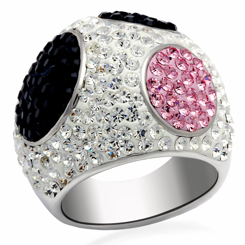 LO2081 Rhodium and Ruthenium Brass Ring featuring a multi-color top grade crystal, showcasing elegance and durability.