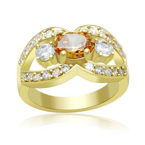 LO2099 Gold Brass Ring featuring a champagne AAA Grade CZ stone, showcasing its elegant design and luxurious finish.