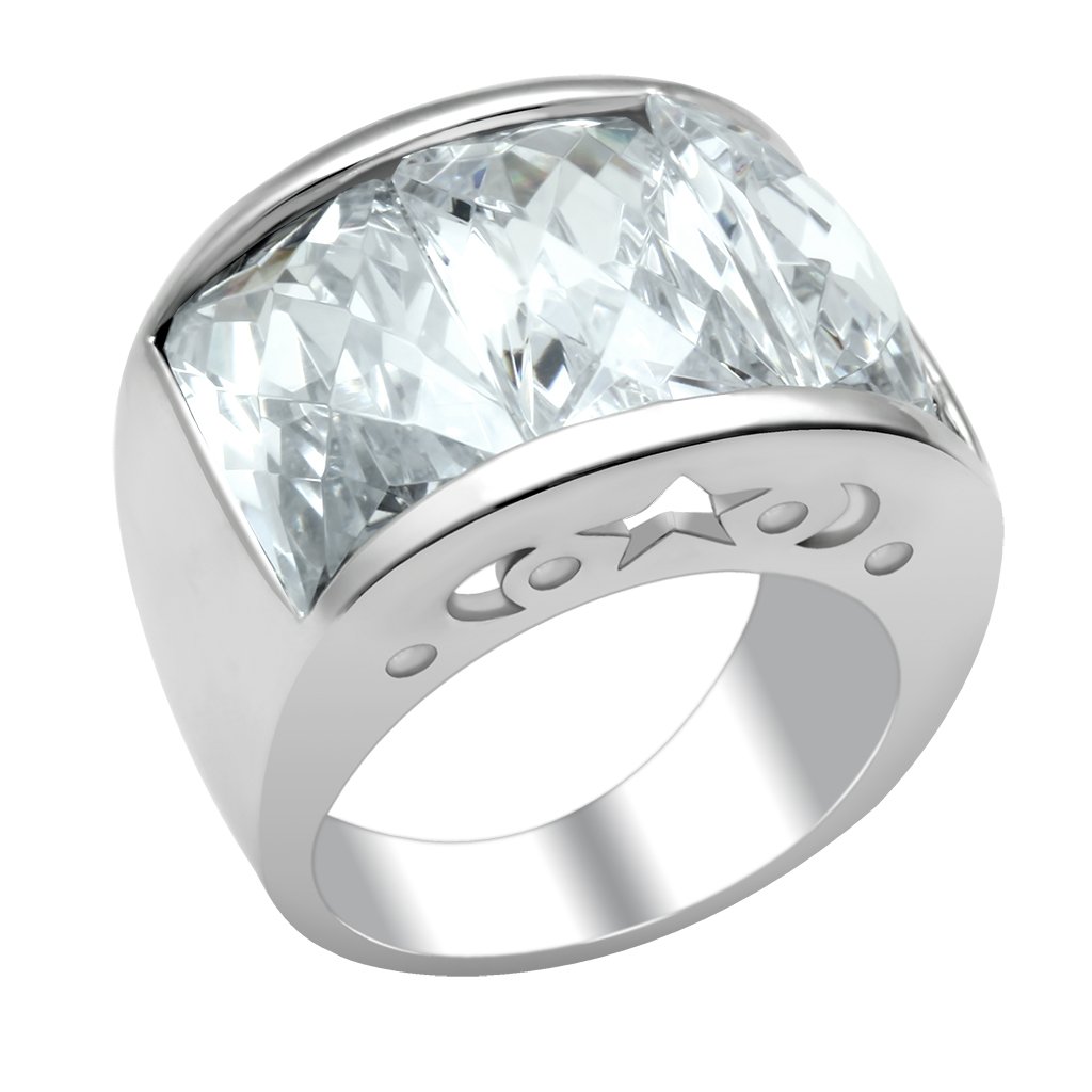 LO2092 Rhodium Brass Ring featuring a clear AAA Grade CZ stone, showcasing its elegant design and luxurious finish.