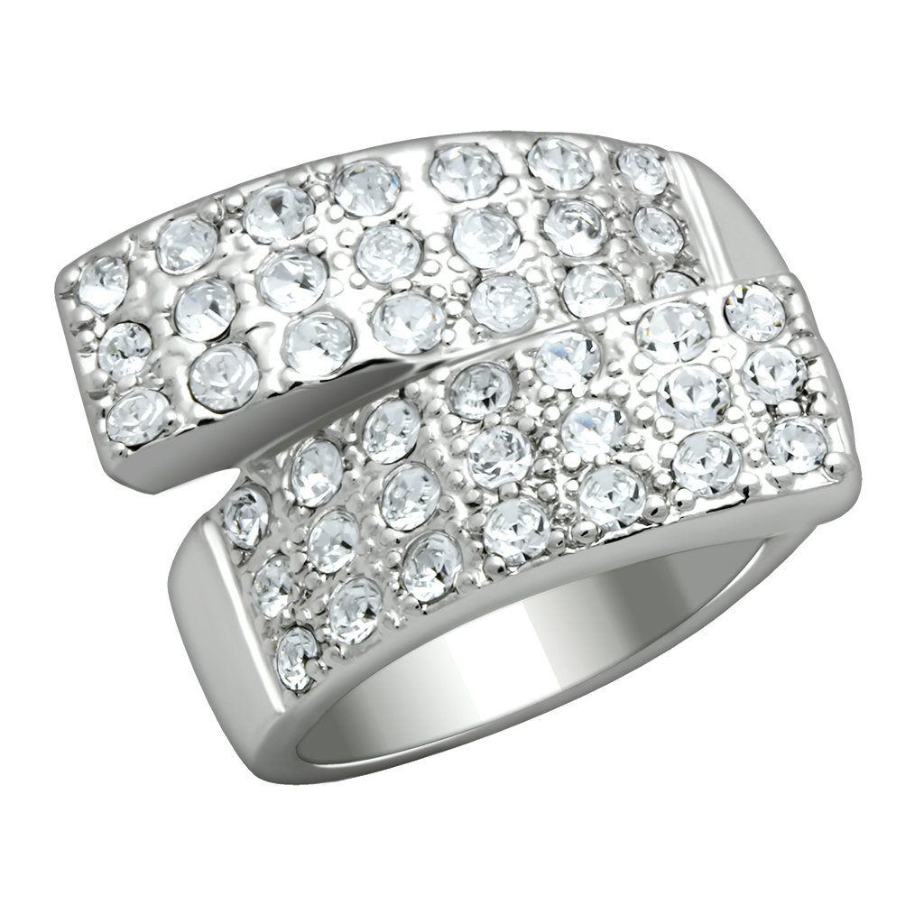 LO2095 Rhodium Brass Ring featuring a clear top grade crystal, showcasing its elegant design and luxurious finish.