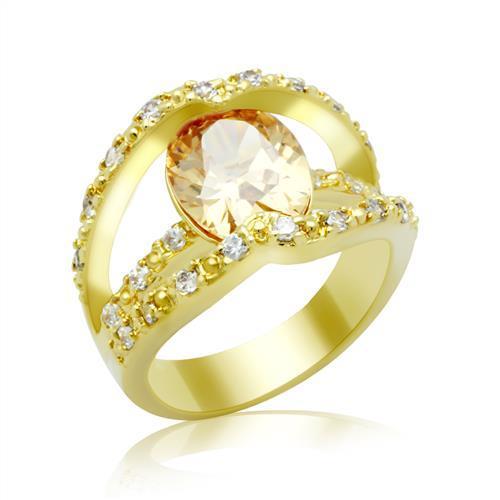 LO2098 Gold Brass Ring featuring AAA Grade Champagne CZ stone, elegantly designed for sophistication.