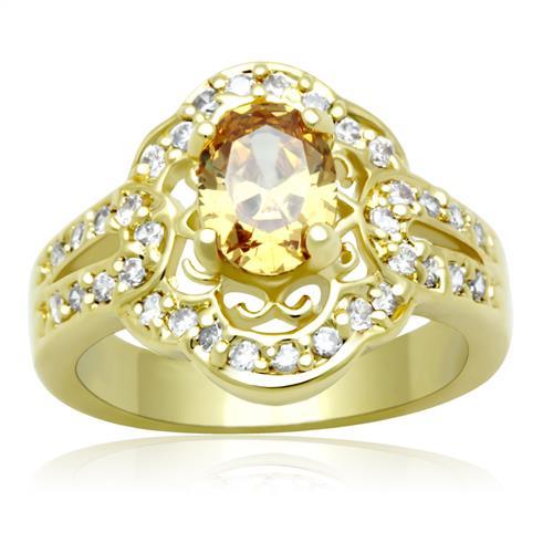 LO2100 Gold Brass Ring featuring a champagne AAA Grade CZ stone, showcasing its elegant design and luxurious gold finish.