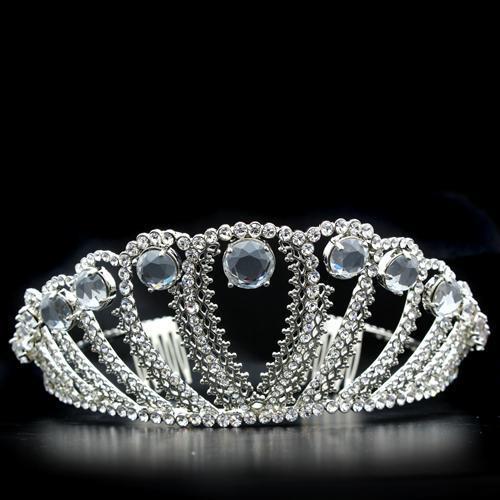 LO2108 Imitation Rhodium Brass Tiara and Hair Clip with clear top-grade crystals, showcasing an elegant design.