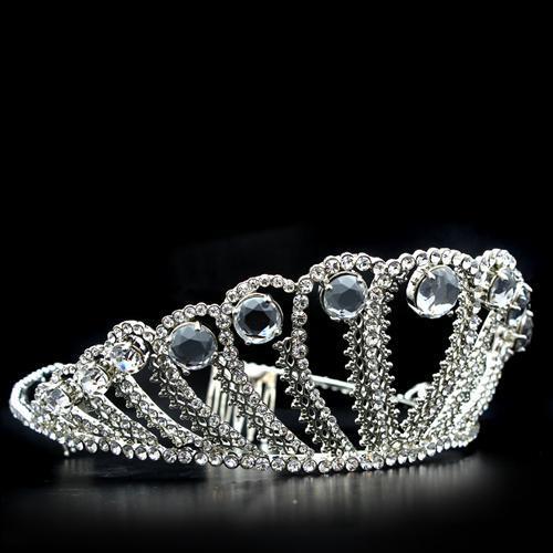 LO2108 Imitation Rhodium Brass Tiara and Hair Clip with clear top-grade crystals, showcasing an elegant design.