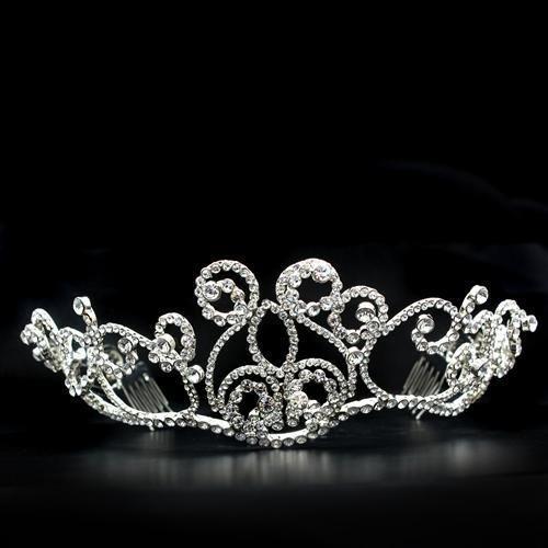 LO2113 Imitation Rhodium Brass Tiara and Hair Clip featuring clear top-grade crystals, elegantly designed for special occasions.