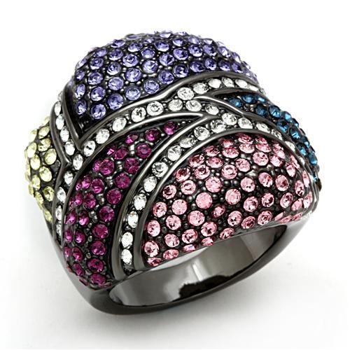 LO2174 TIN Cobalt Black Brass Ring featuring a vibrant multi-color top grade crystal, elegantly designed for style and comfort.