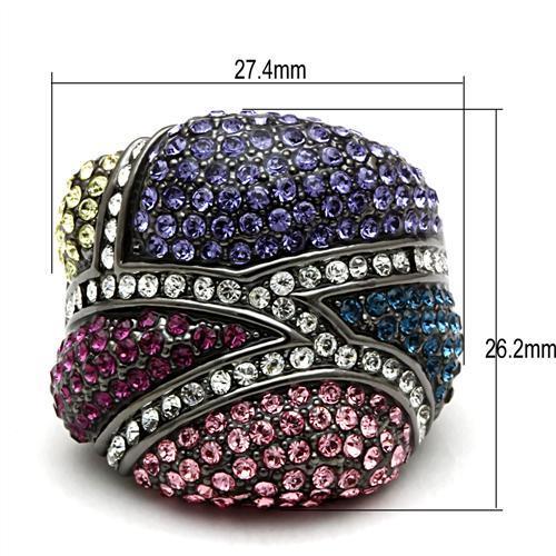 LO2174 TIN Cobalt Black Brass Ring featuring a vibrant multi-color top grade crystal, elegantly designed for style and comfort.