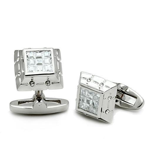 Rhodium brass cufflink featuring a clear AAA Grade CZ stone, elegantly designed for formal occasions.