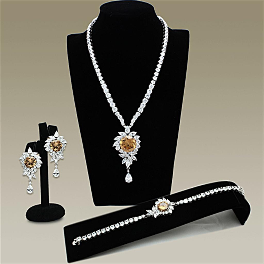 LO2323 Rhodium Brass Jewelry Set featuring AAA Grade CZ stones in champagne color, elegantly displayed on a soft background.