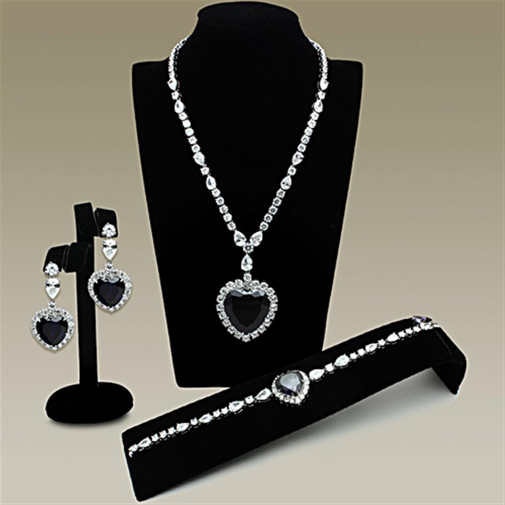 LO2327 Rhodium Brass Jewelry Set featuring AAA Grade CZ in Amethyst, showcasing elegant design and luxurious finish.