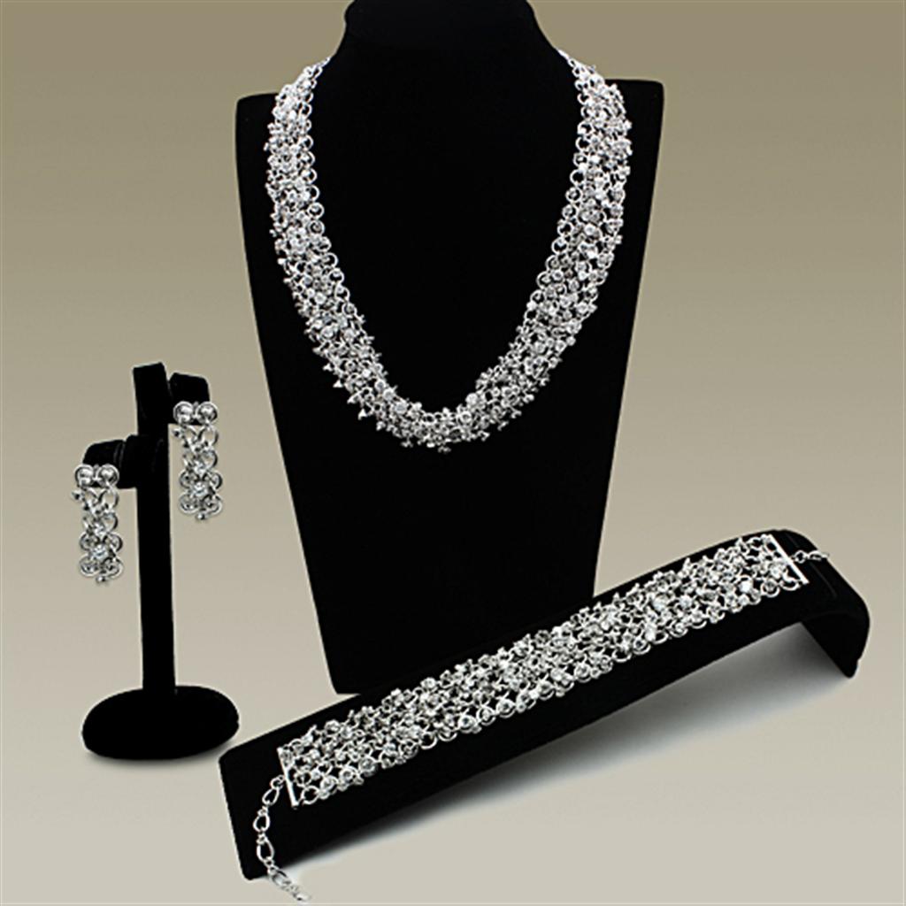 LO2344 Rhodium Brass Jewelry Set featuring AAA Grade CZ in Clear, showcasing elegant design and sparkling center stone.