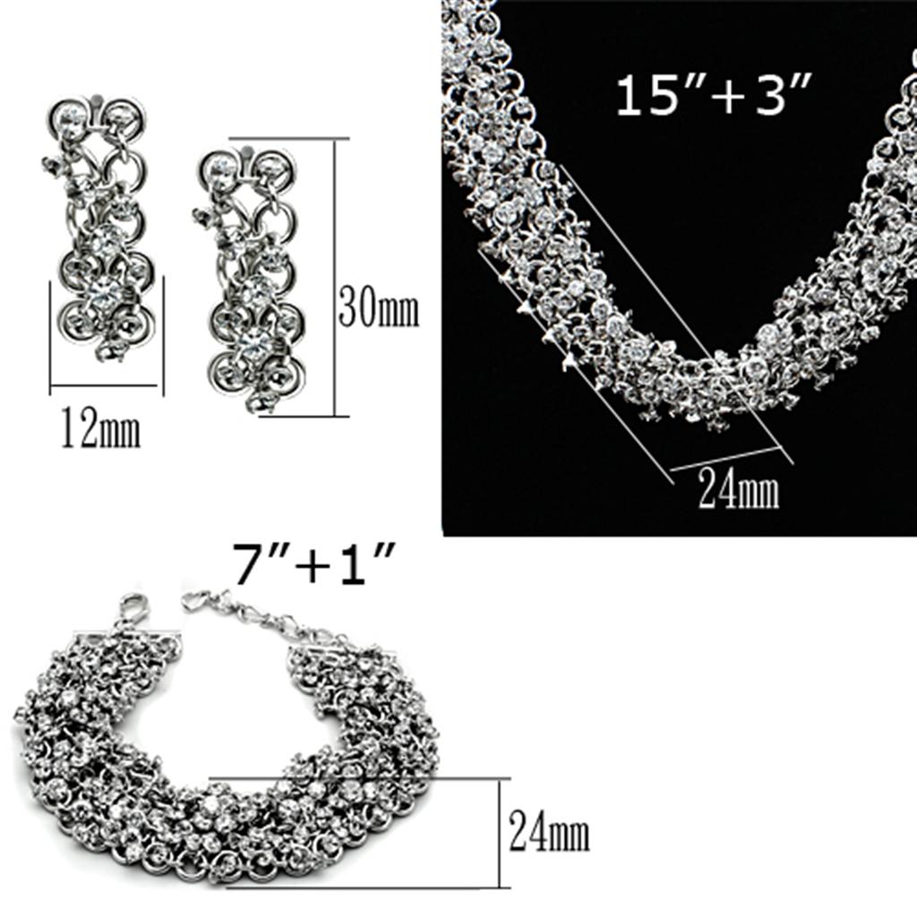 LO2344 Rhodium Brass Jewelry Set featuring AAA Grade CZ in Clear, showcasing elegant design and sparkling center stone.