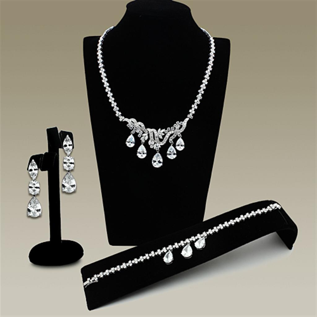 LO2334 Rhodium Brass Jewelry Set featuring AAA Grade CZ stones in clear, showcasing elegant design and sparkling finish.