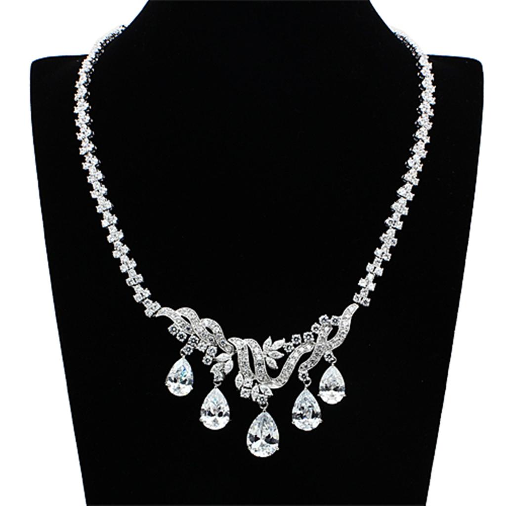 LO2334 Rhodium Brass Jewelry Set featuring AAA Grade CZ stones in clear, showcasing elegant design and sparkling finish.