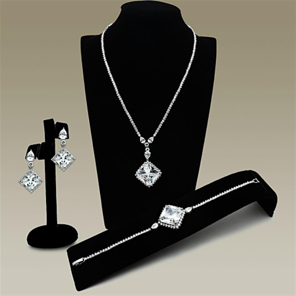 LO2341 Rhodium Brass Jewelry Set featuring AAA Grade CZ stones in clear, showcasing elegant design and luxurious finish.