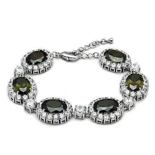 LO2358 Rhodium Brass Bracelet featuring AAA Grade CZ in vibrant Olivine color, showcasing its elegant design and quality craftsmanship.