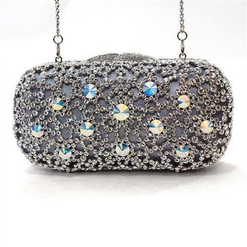 LO2364 Imitation Rhodium White Metal Clutch adorned with top-grade white crystals, showcasing its elegant design and luxurious finish.