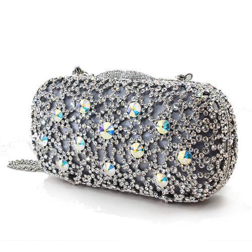 LO2364 Imitation Rhodium White Metal Clutch adorned with top-grade white crystals, showcasing its elegant design and luxurious finish.