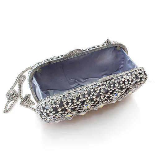 LO2364 Imitation Rhodium White Metal Clutch adorned with top-grade white crystals, showcasing its elegant design and luxurious finish.