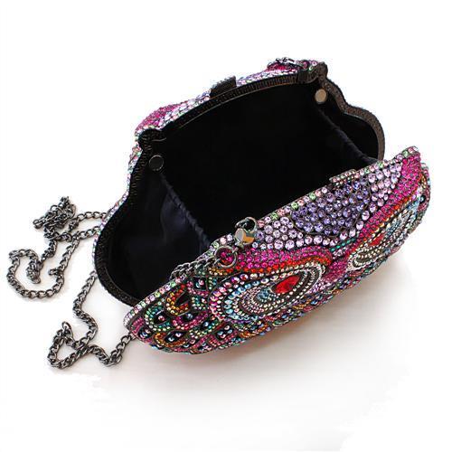 LO2368 Ruthenium White Metal Clutch adorned with multi-colored top-grade crystals, showcasing an elegant design and luxurious finish.