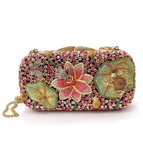 LO2375 Ancientry Gold White Metal Clutch featuring top-grade multi-color crystals, elegantly designed for special occasions.