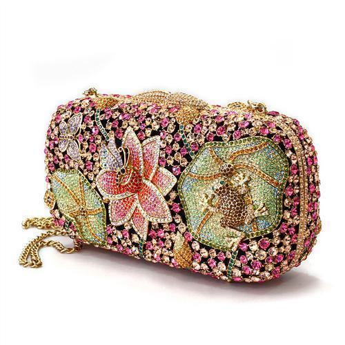 LO2375 Ancientry Gold White Metal Clutch featuring top-grade multi-color crystals, elegantly designed for special occasions.