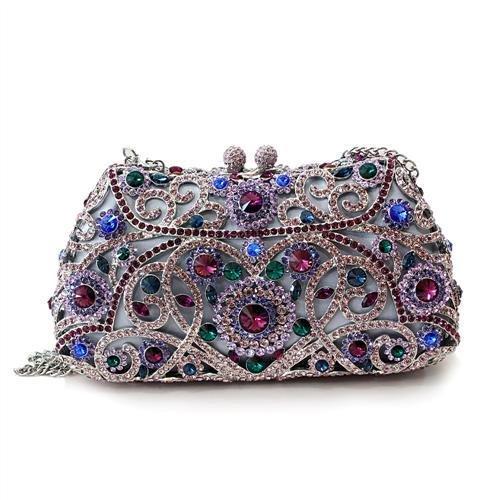 LO2379 Imitation Rhodium White Metal Clutch adorned with multi-color top-grade crystals, showcasing its elegant design and lightweight construction.