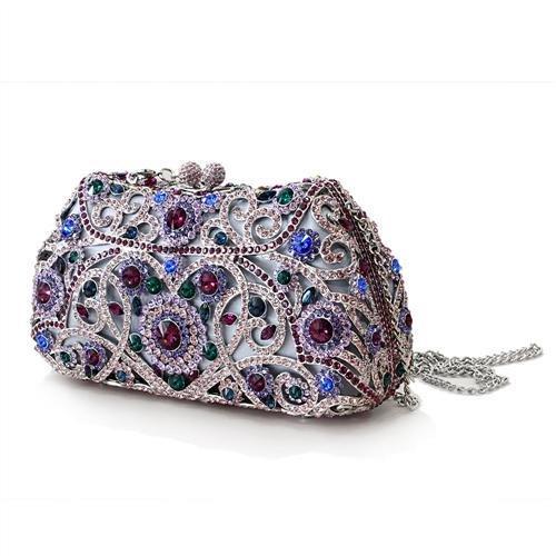 LO2379 Imitation Rhodium White Metal Clutch adorned with multi-color top-grade crystals, showcasing its elegant design and lightweight construction.