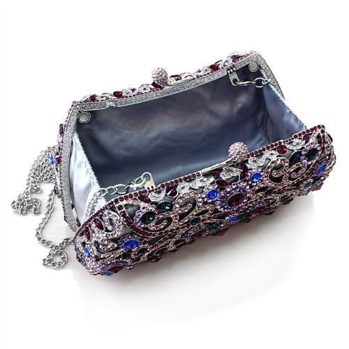 LO2379 Imitation Rhodium White Metal Clutch adorned with multi-color top-grade crystals, showcasing its elegant design and lightweight construction.