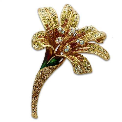 LO2390 Gold White Metal Brooch featuring multi-color top grade crystals, elegantly designed for versatile wear.