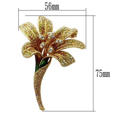 LO2390 Gold White Metal Brooch featuring multi-color top grade crystals, elegantly designed for versatile wear.