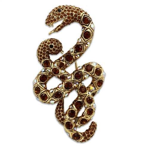 LO2423 Gold White Metal Brooch featuring multi-colored top-grade crystals, elegantly designed for versatile fashion.